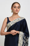 Navy Blue- Beige Parsi Gara Hand Embroidered Saree