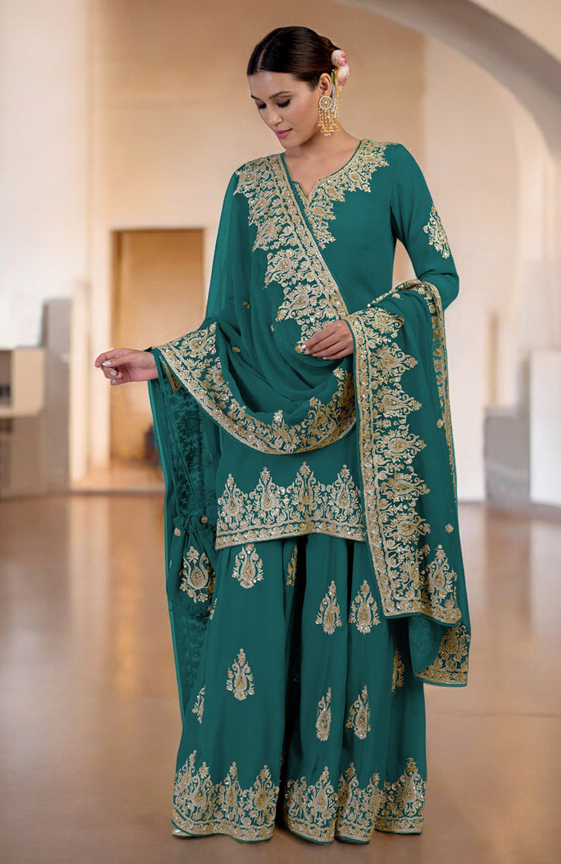Bog Green Gold Kashmiri Tilla & Zardozi Hand Embroidered Sharara Set