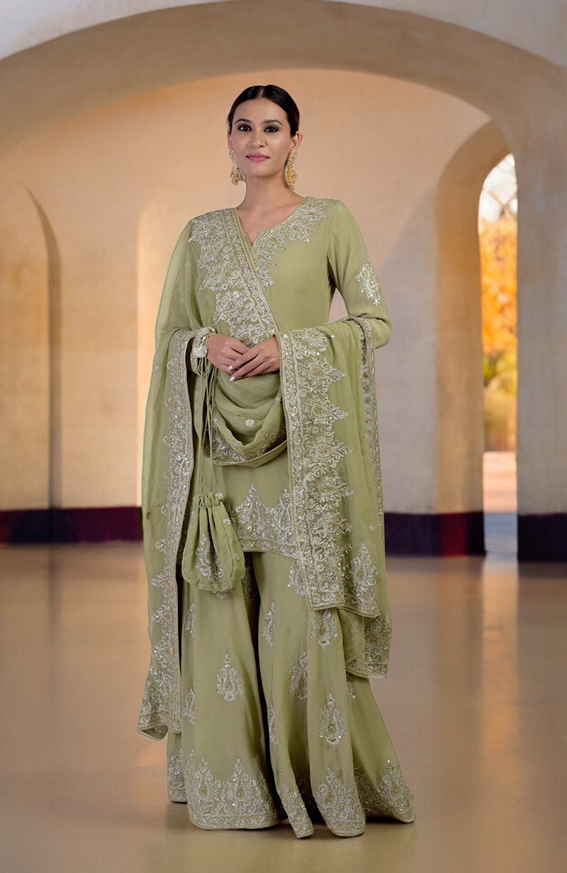 Bog Green Gold Kashmiri Tilla & Zardozi Hand Embroidered Sharara Set