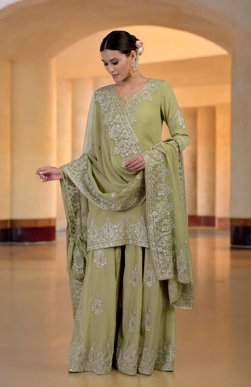 Bog Green Gold Kashmiri Tilla & Zardozi Hand Embroidered Sharara Set