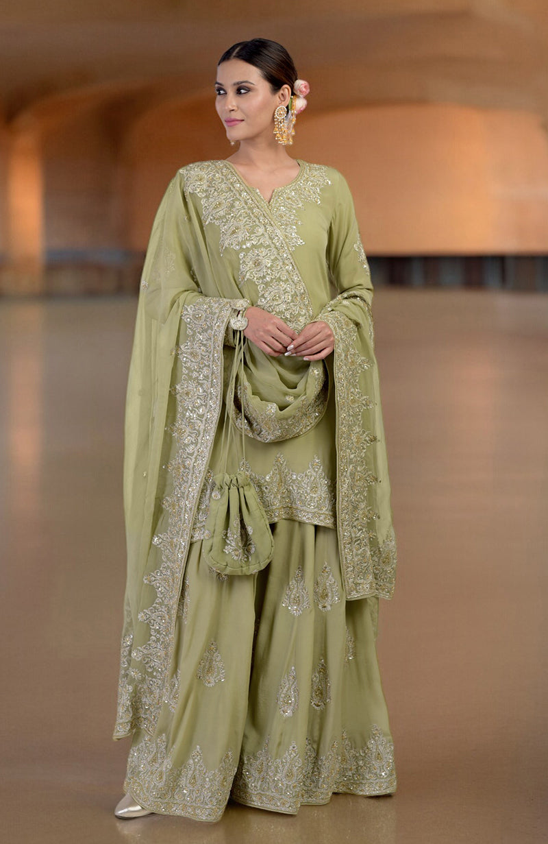 Bog Green Gold Kashmiri Tilla & Zardozi Hand Embroidered Sharara Set