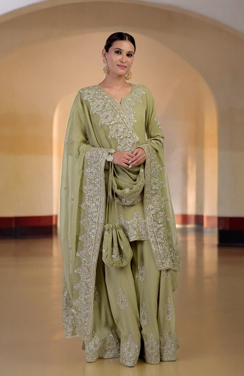 Bog Green Gold Kashmiri Tilla & Zardozi Hand Embroidered Sharara Set