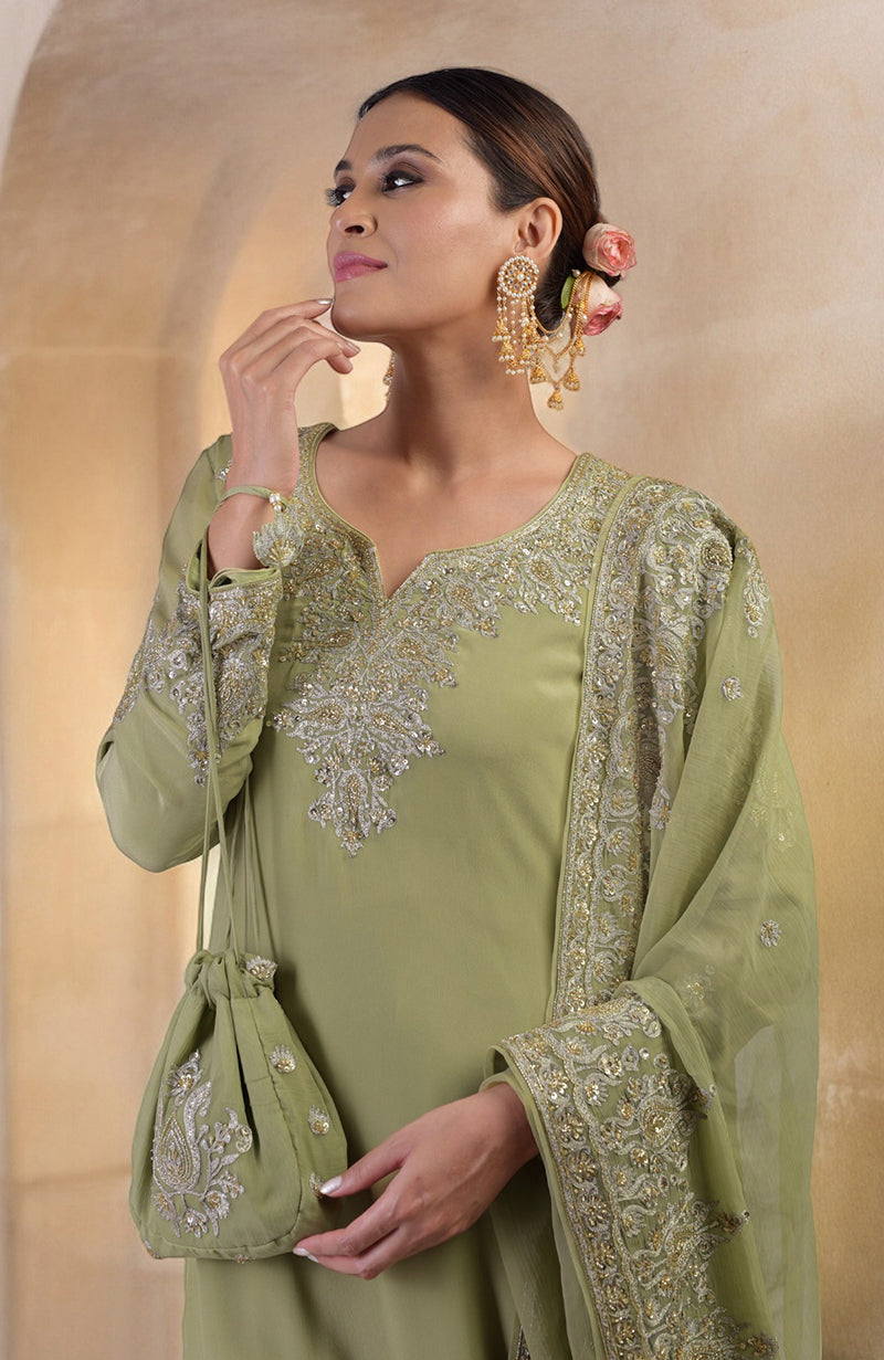 Bog Green Gold Kashmiri Tilla & Zardozi Hand Embroidered Sharara Set
