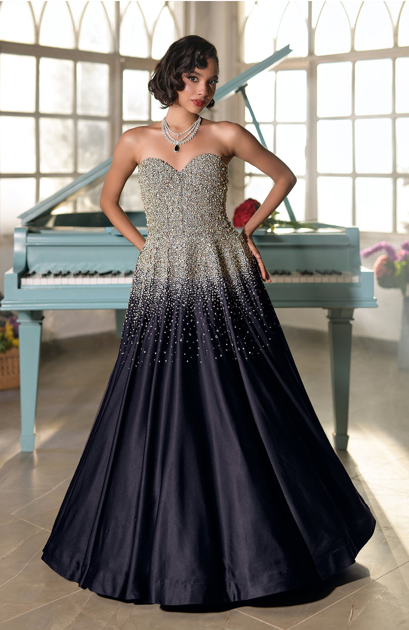 NAIRA- Midnight Blue Crystal Hand Embroidered Princess Gown