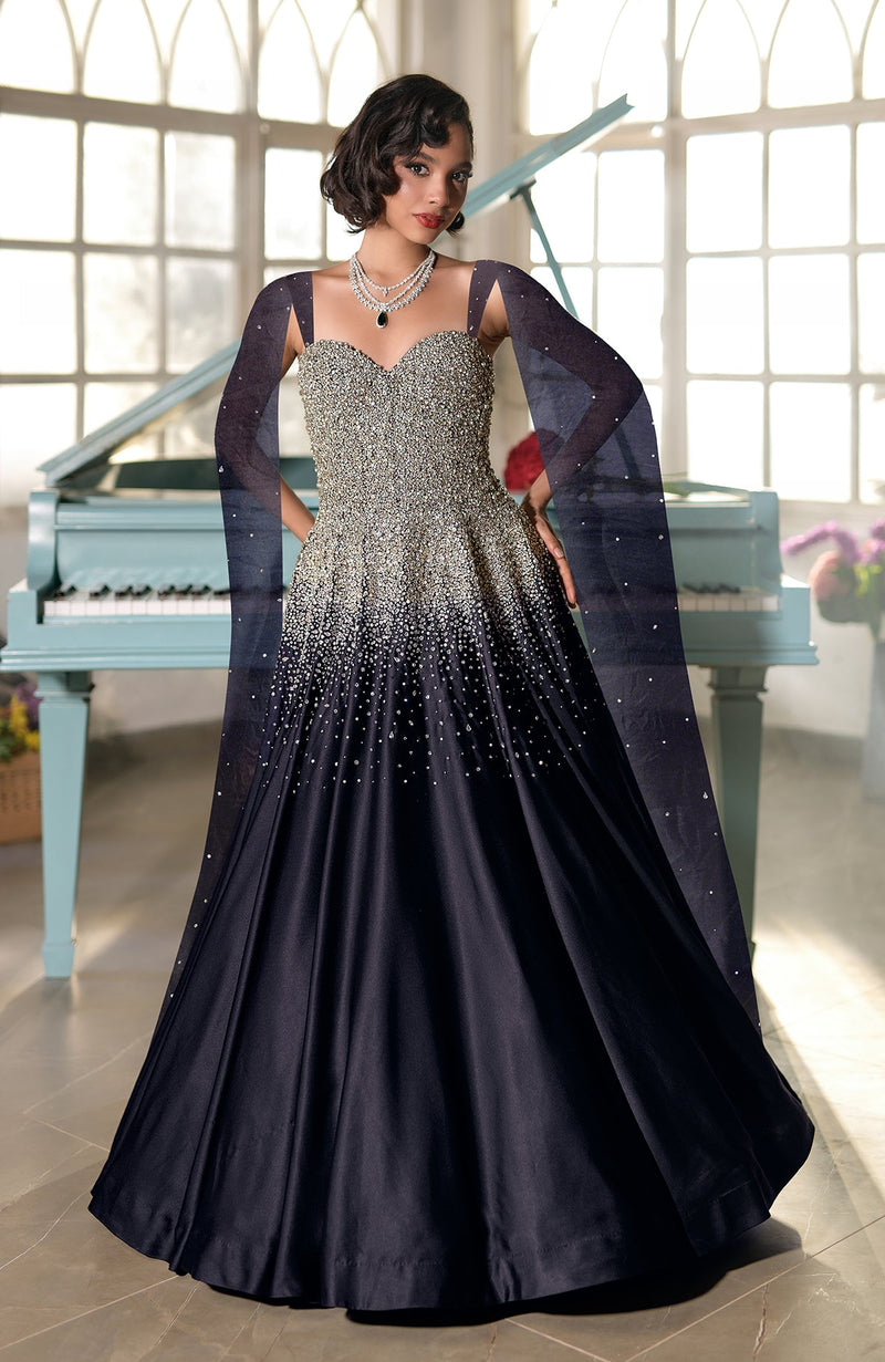 NAIRA Crystal Hand Embroidered Princess Gown - Black Satin  Talking Threads