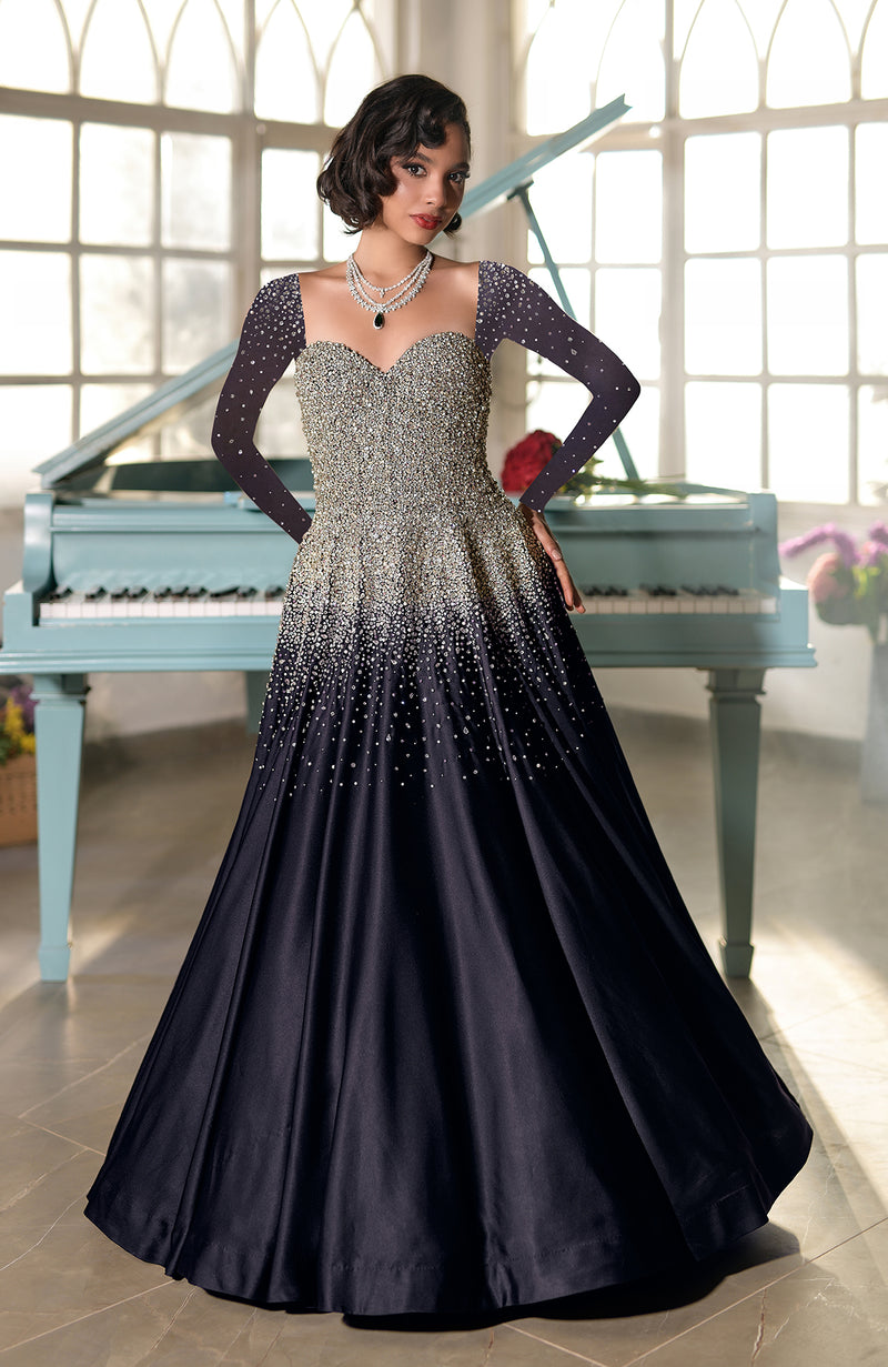 NAIRA- Midnight Blue Crystal Hand Embroidered Princess Gown