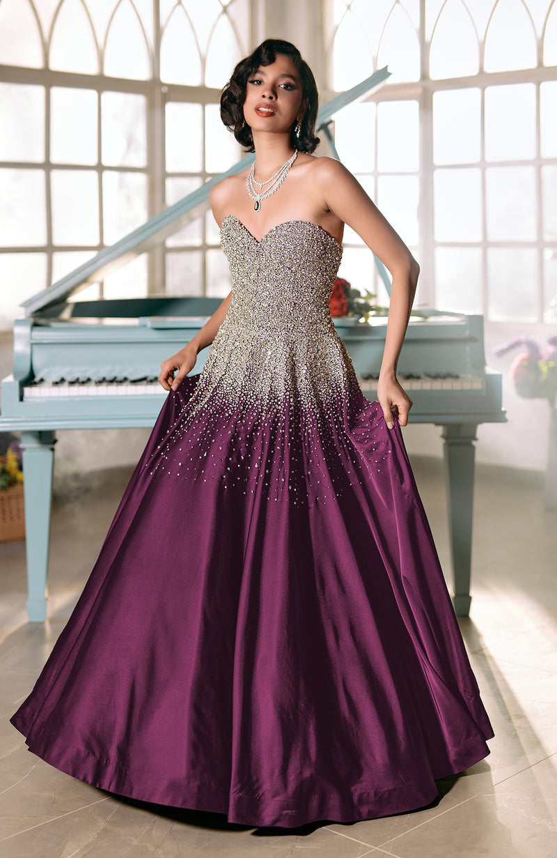 NAIRA- Plum Crystal Hand Embroidered Princess Gown