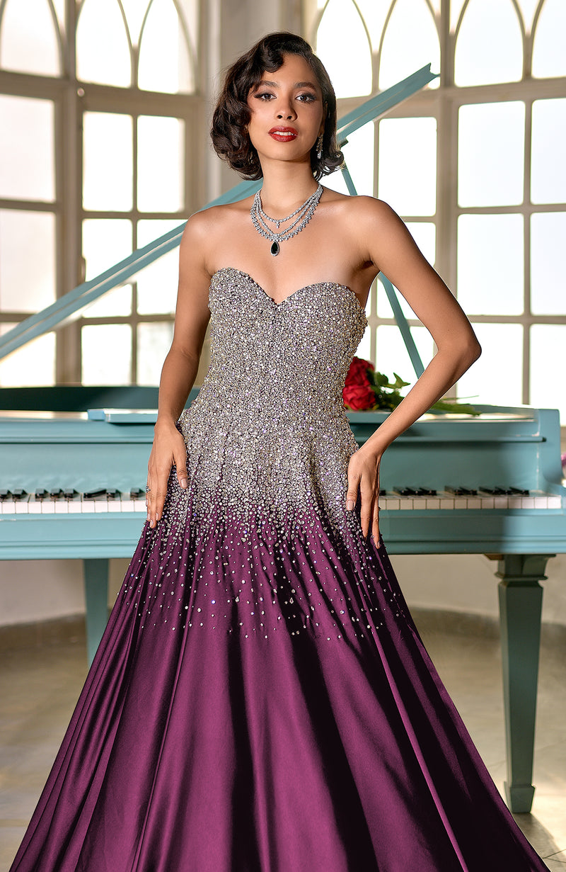 NAIRA- Plum Crystal Hand Embroidered Princess Gown