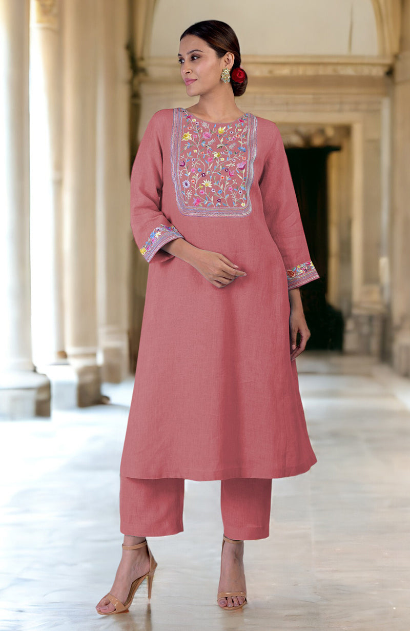 Lilac Breeze Parsi Gara Embroidered Linen Kurta Set