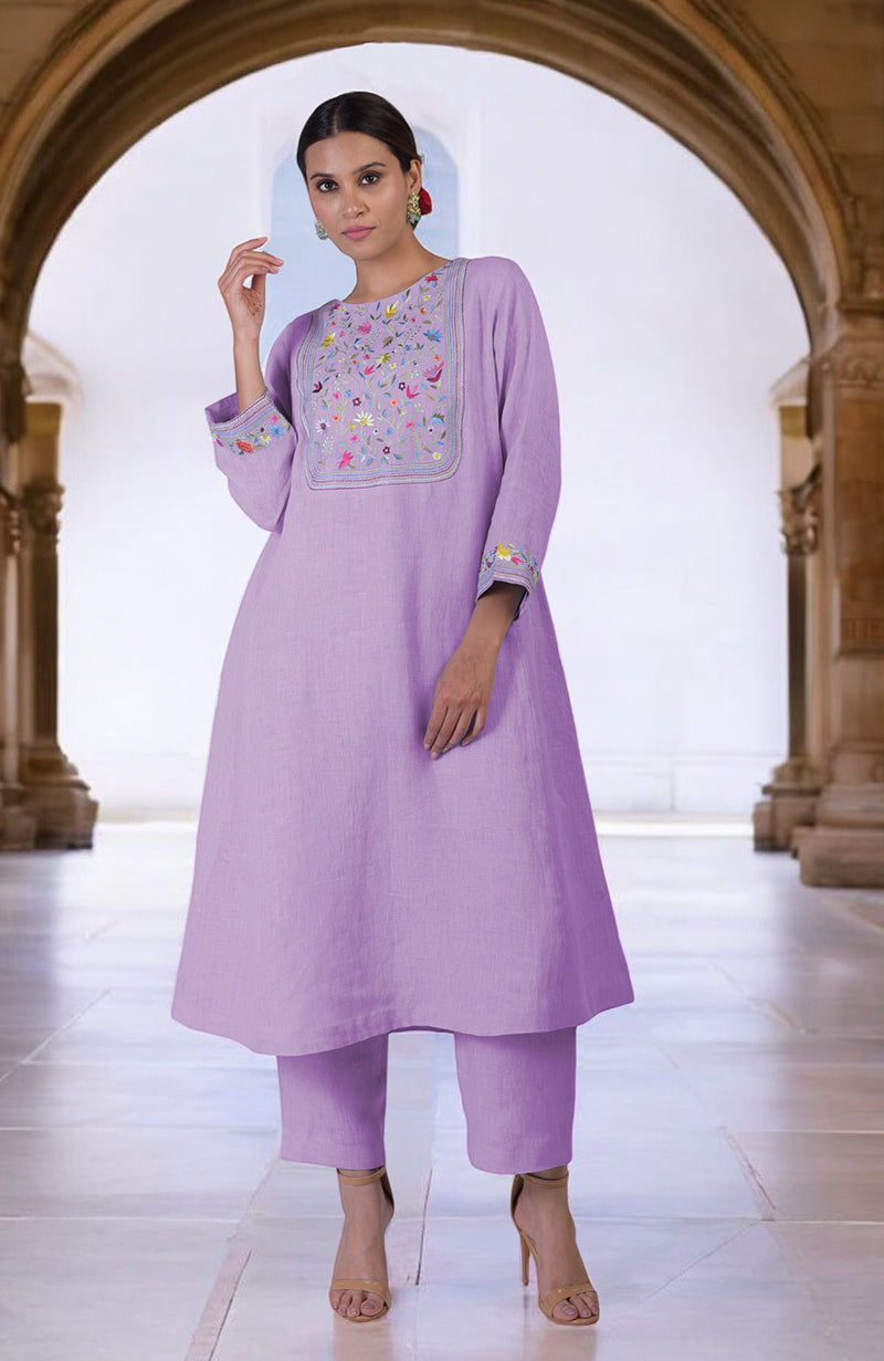 Lilac Breeze Parsi Gara Embroidered Linen Kurta Set