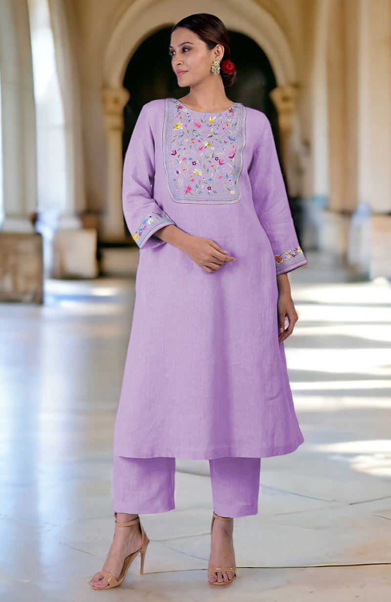 Lilac Breeze Parsi Gara Embroidered Linen Kurta Set