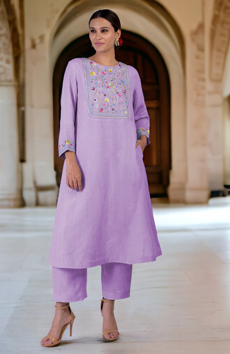 Lilac Breeze Parsi Gara Embroidered Linen Kurta Set
