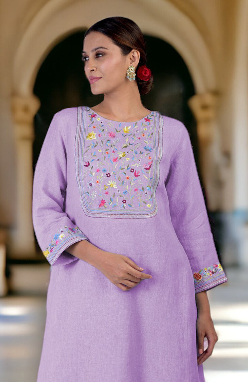Lilac Breeze Parsi Gara Embroidered Linen Kurta Set
