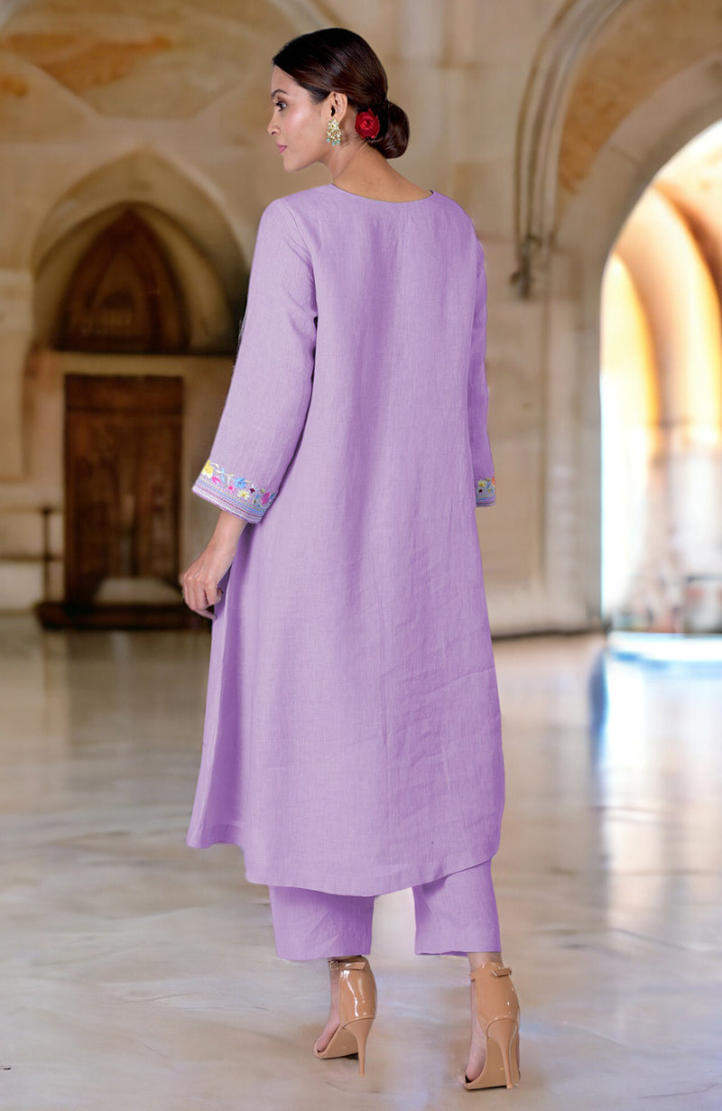 Lilac Breeze Parsi Gara Embroidered Linen Kurta Set