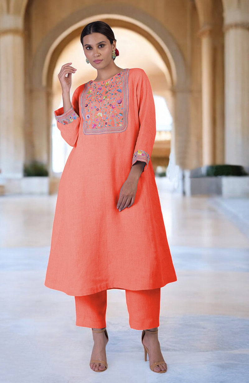 Lilac Breeze Parsi Gara Embroidered Linen Kurta Set