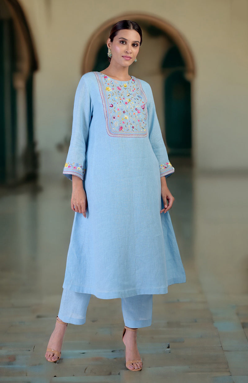 Lilac Breeze Parsi Gara Embroidered Linen Kurta Set