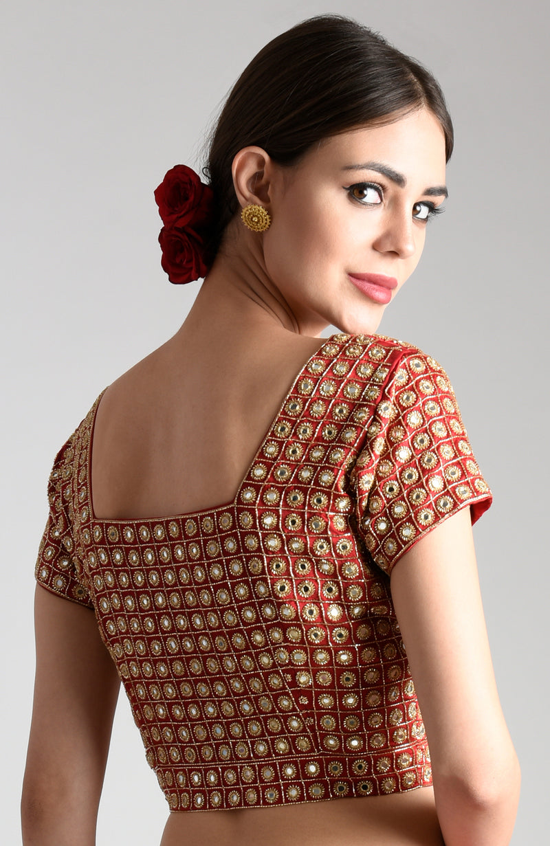 Royal Red Mirror Work and Zardozi Hand Embroidered Blouse