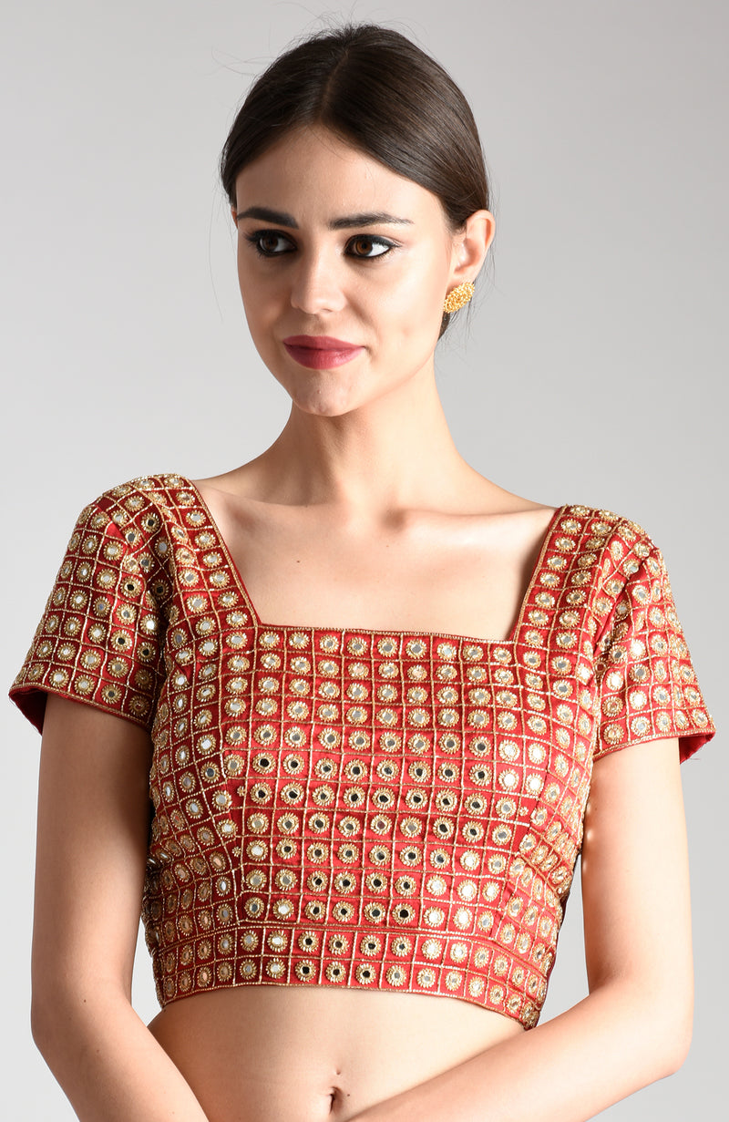 Royal Red Mirror Work and Zardozi Hand Embroidered Blouse
