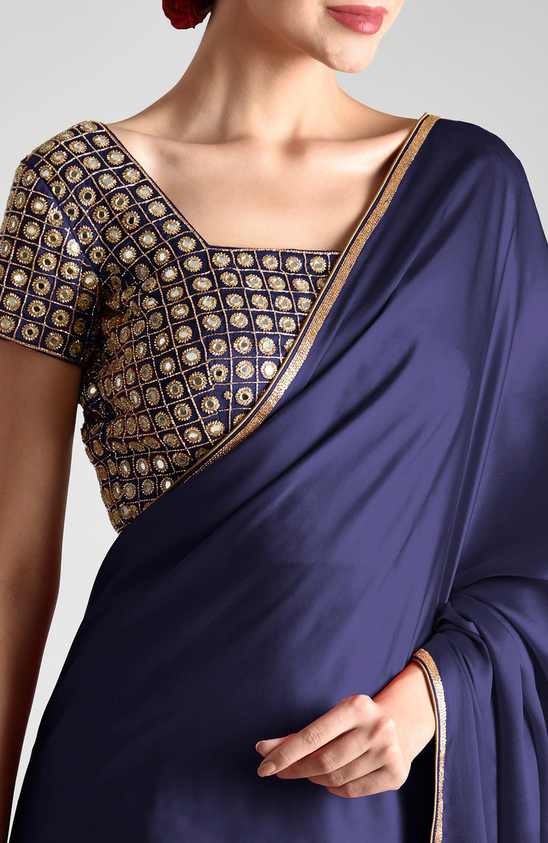 Midnight Blue Mirror Work and Zardozi Hand Embroidered Saree