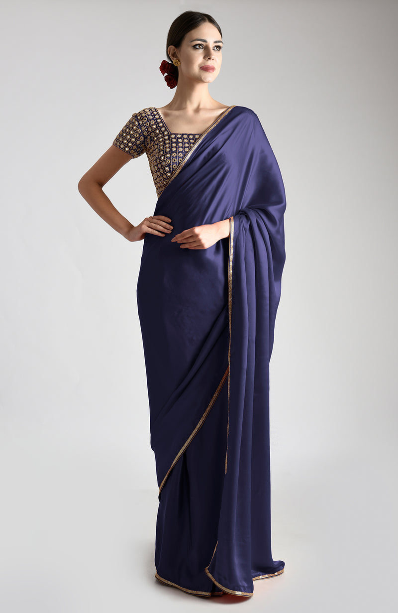 Midnight Blue Mirror Work and Zardozi Hand Embroidered Saree