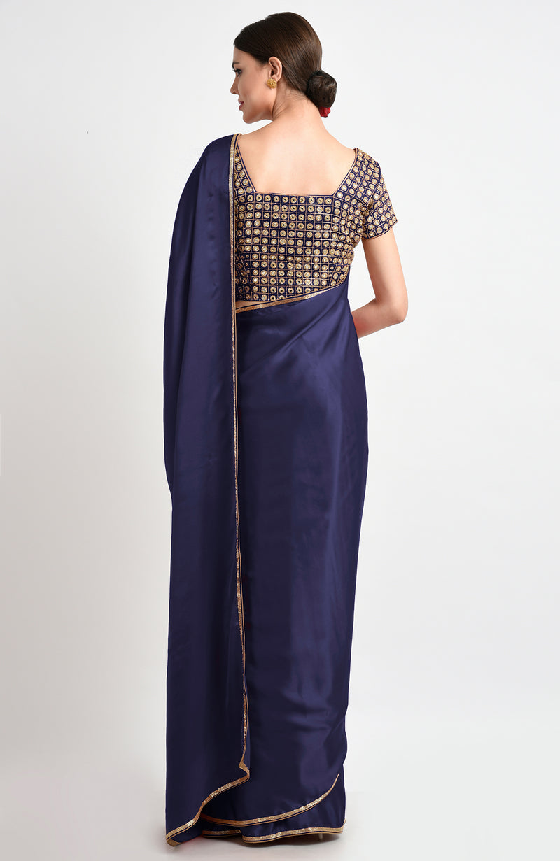Midnight Blue Mirror Work and Zardozi Hand Embroidered Saree