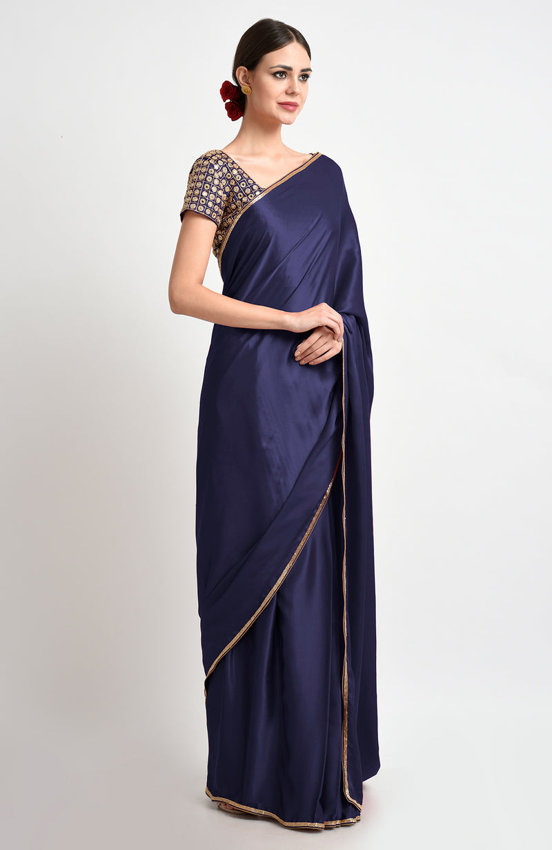Midnight Blue Mirror Work and Zardozi Hand Embroidered Saree