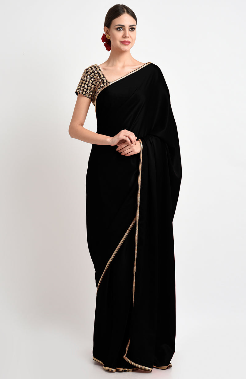 Midnight Blue Mirror Work and Zardozi Hand Embroidered Saree