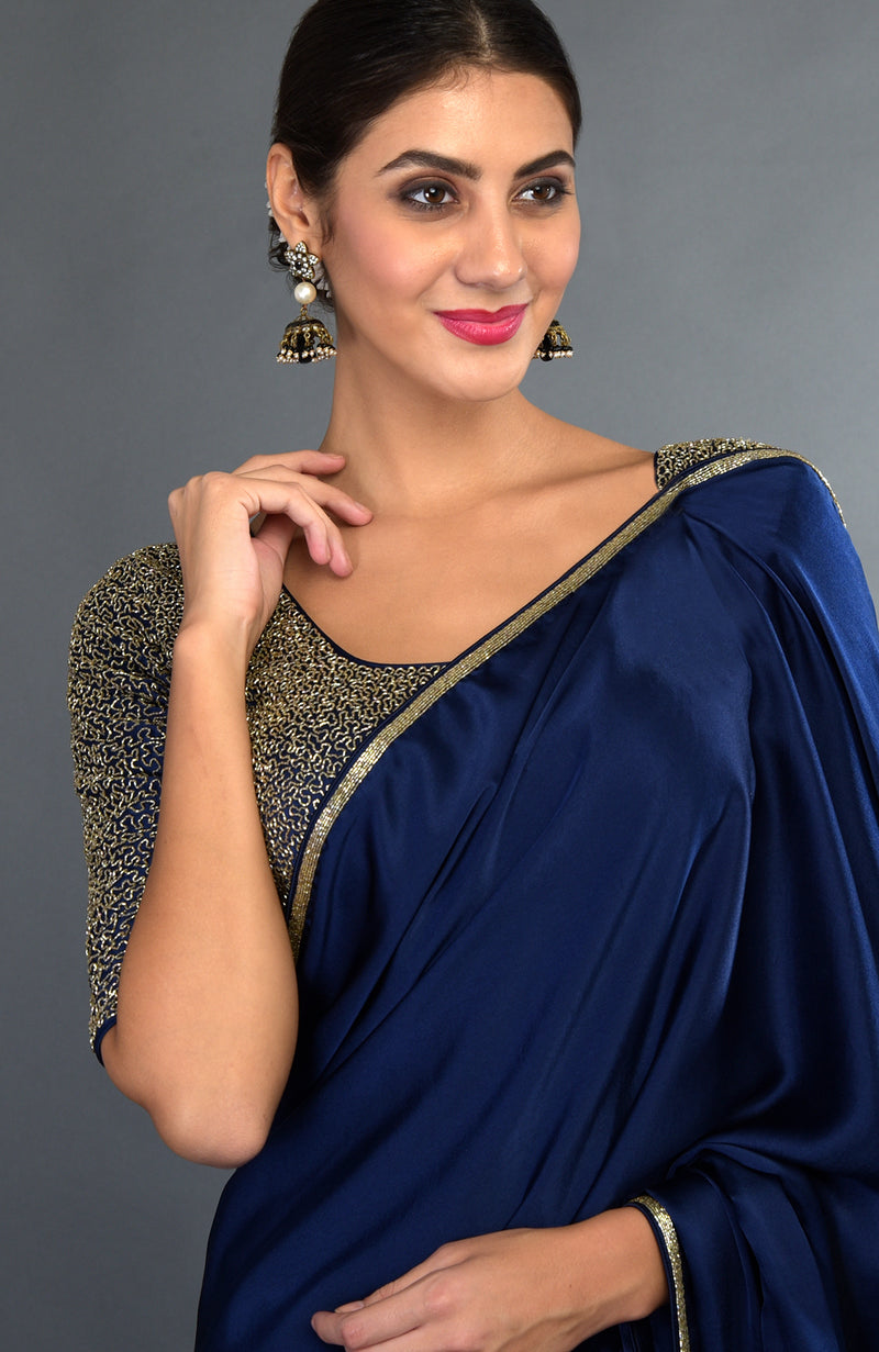 Midnight Blue Zardozi Hand Embroidered Saree and Blouse