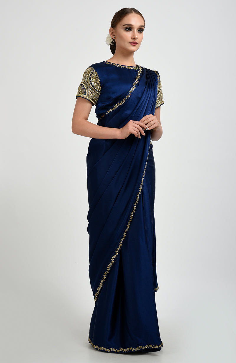 Sapphire Blue Zardozi and Pearl Beads Hand Embroidered Saree
