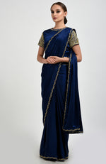 Sapphire Blue Zardozi and Pearl Beads Hand Embroidered Saree