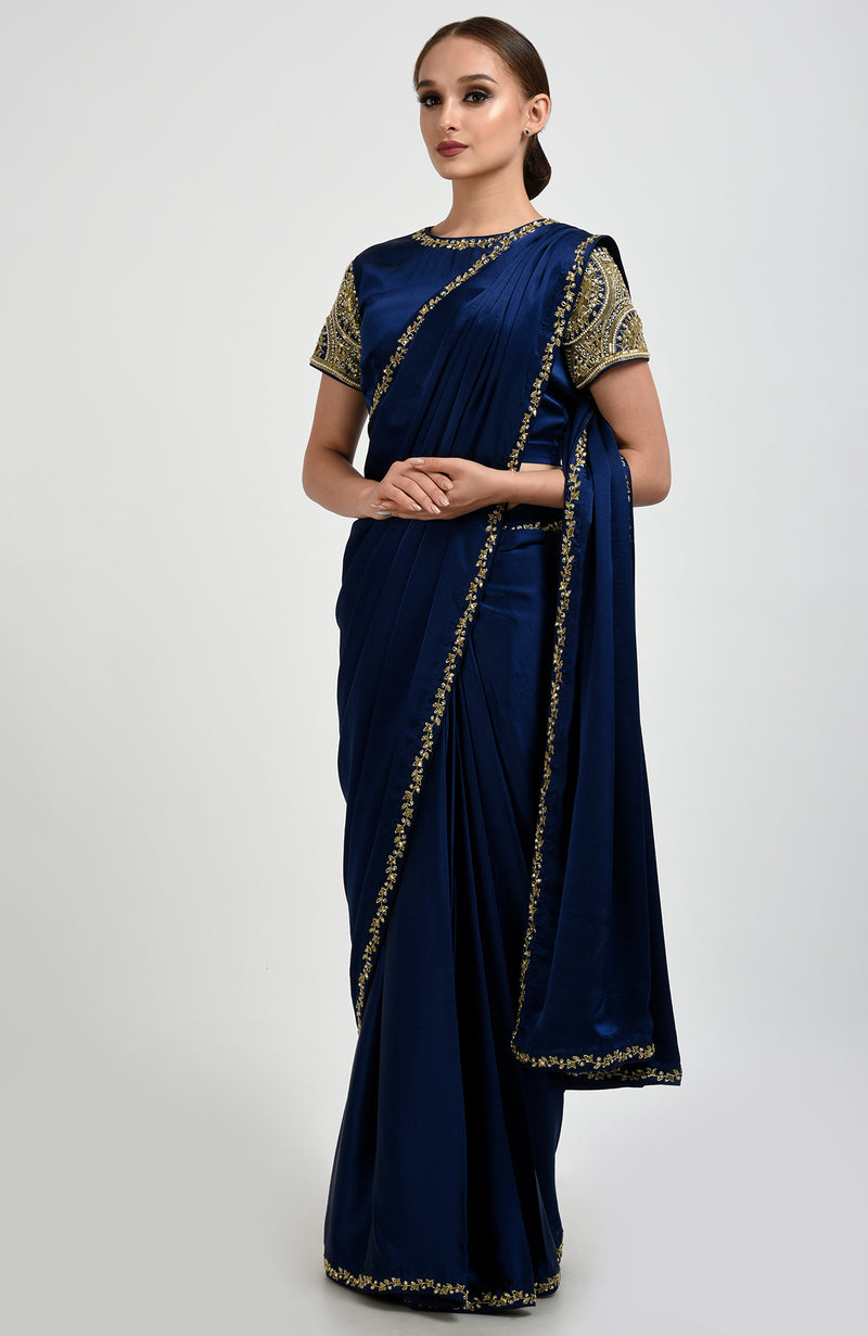 Sapphire Blue Zardozi and Pearl Beads Hand Embroidered Saree