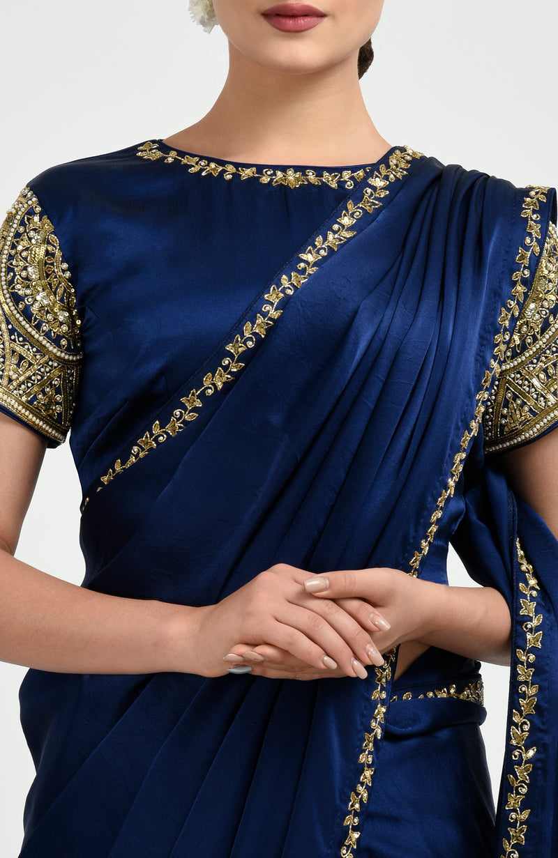Sapphire Blue Zardozi and Pearl Beads Hand Embroidered Saree