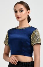 Sapphire Blue Zardozi and Pearl Beads Hand Embroidered Saree