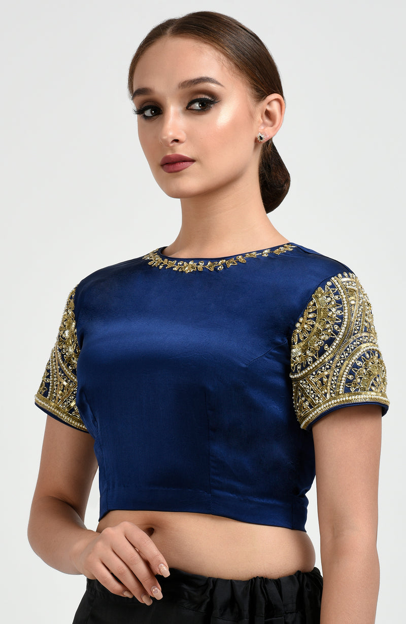 Sapphire Blue Zardozi and Pearl Beads Hand Embroidered Saree