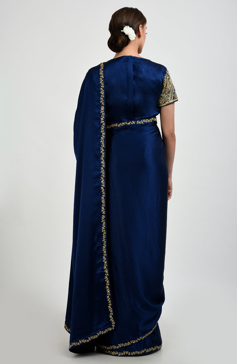 Sapphire Blue Zardozi and Pearl Beads Hand Embroidered Saree