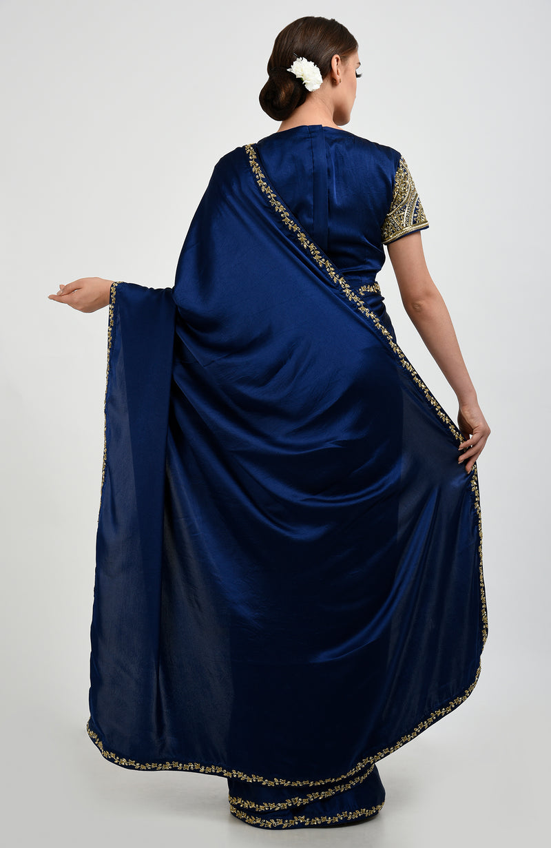 Sapphire Blue Zardozi and Pearl Beads Hand Embroidered Saree
