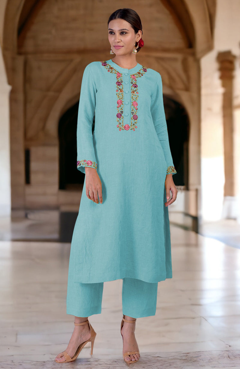 Antigua Sand Parsi Gara Embroidered Linen Kurta Set