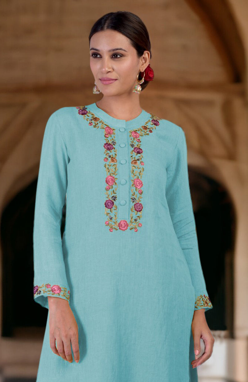 Antigua Sand Parsi Gara Embroidered Linen Kurta Set