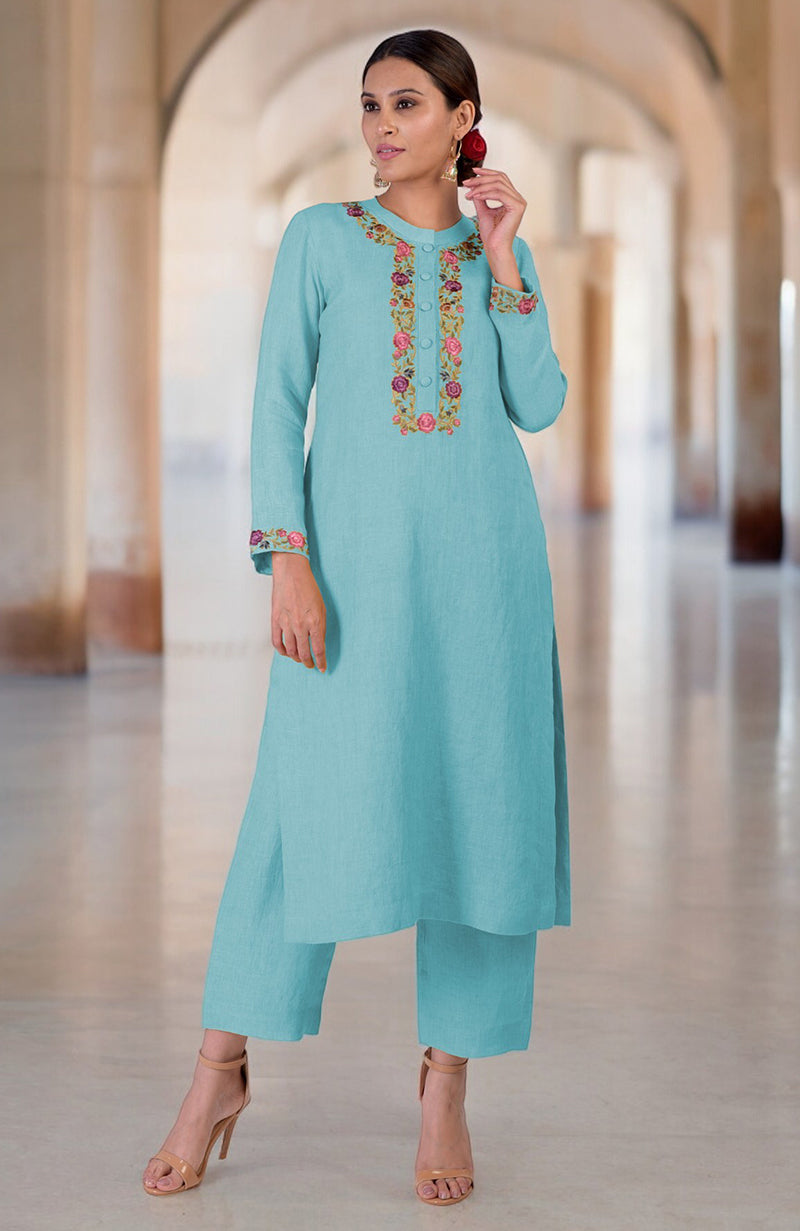 Antigua Sand Parsi Gara Embroidered Linen Kurta Set
