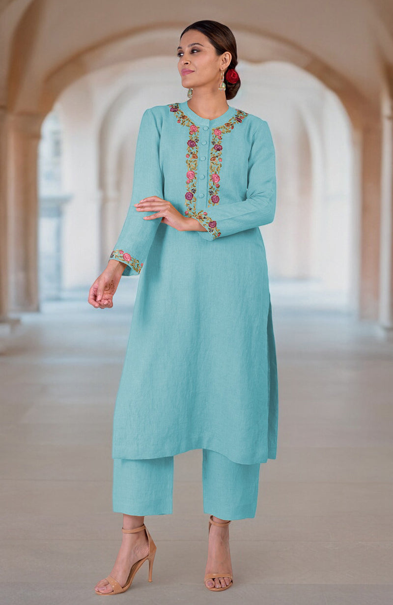 Antigua Sand Parsi Gara Embroidered Linen Kurta Set