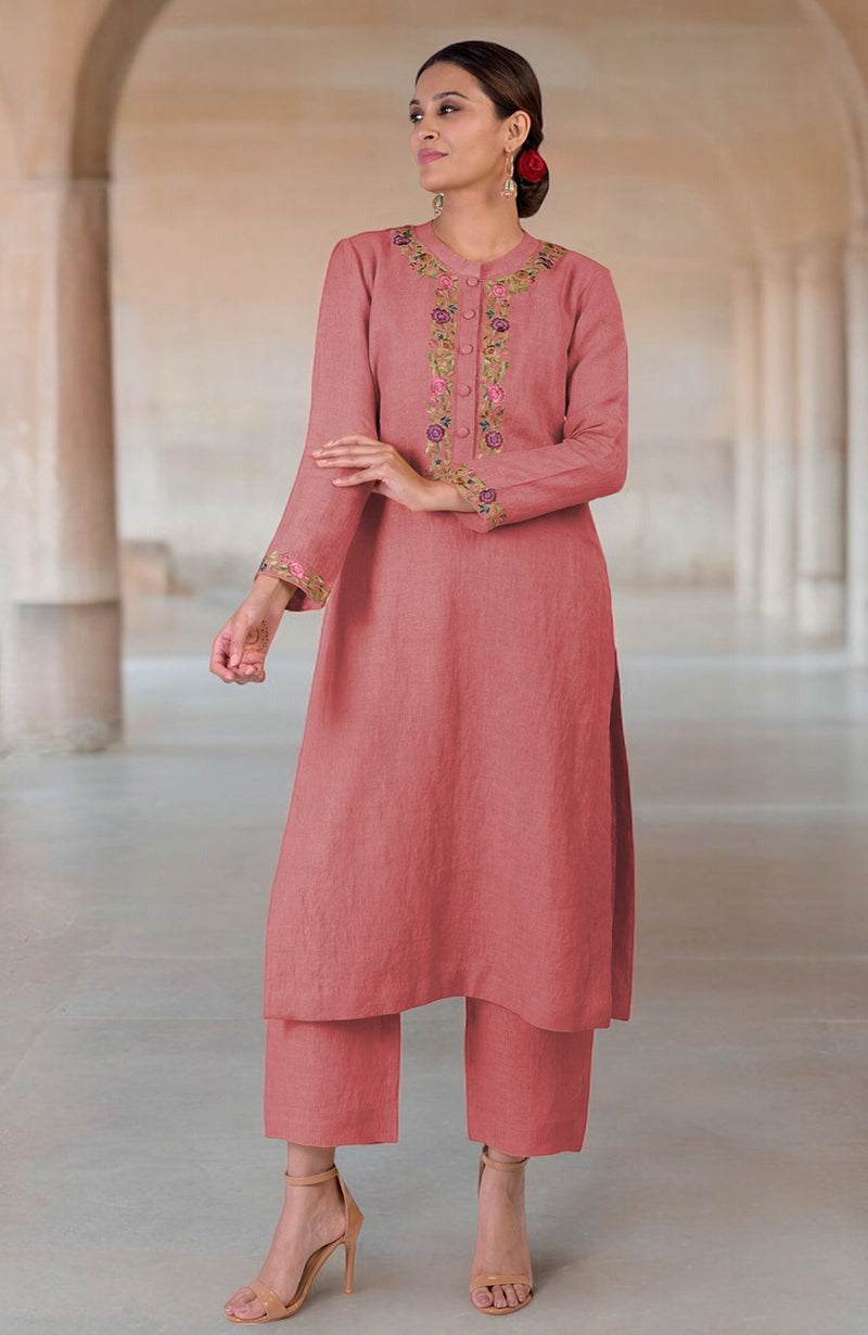 Antigua Sand Parsi Gara Embroidered Linen Kurta Set