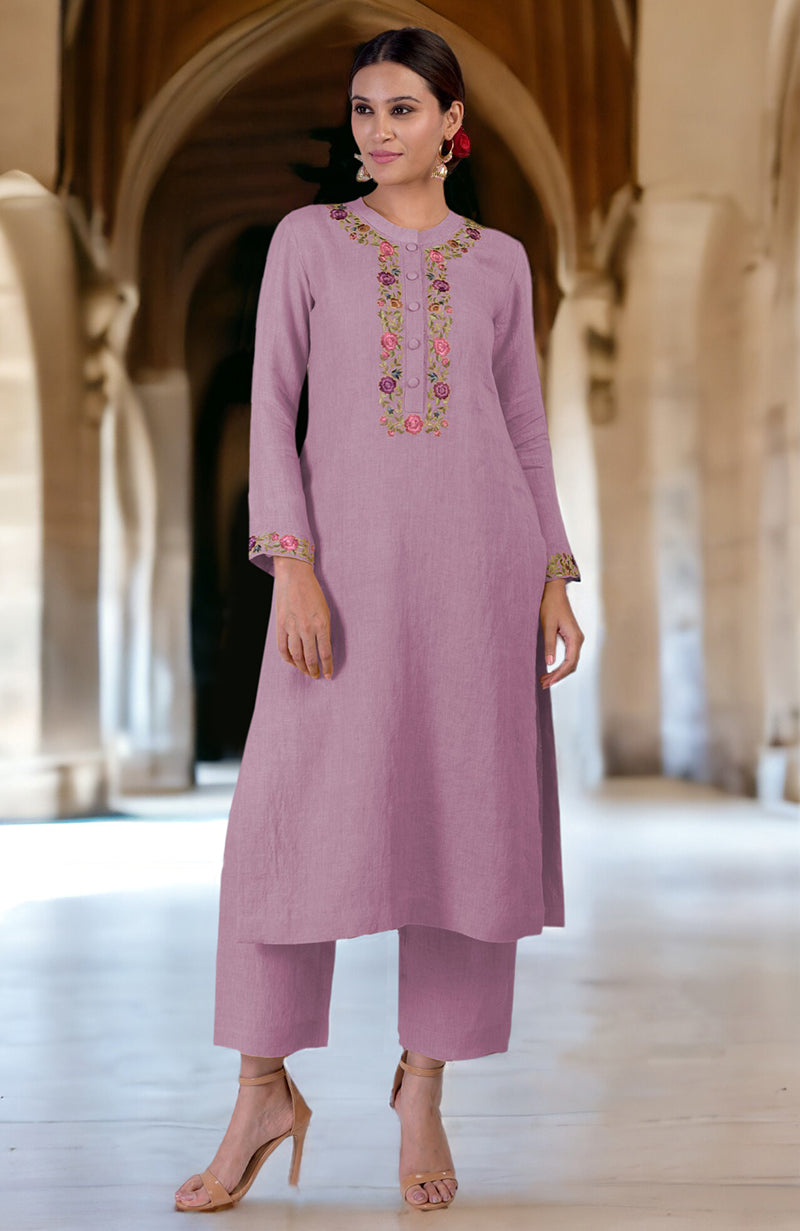 Antigua Sand Parsi Gara Embroidered Linen Kurta Set
