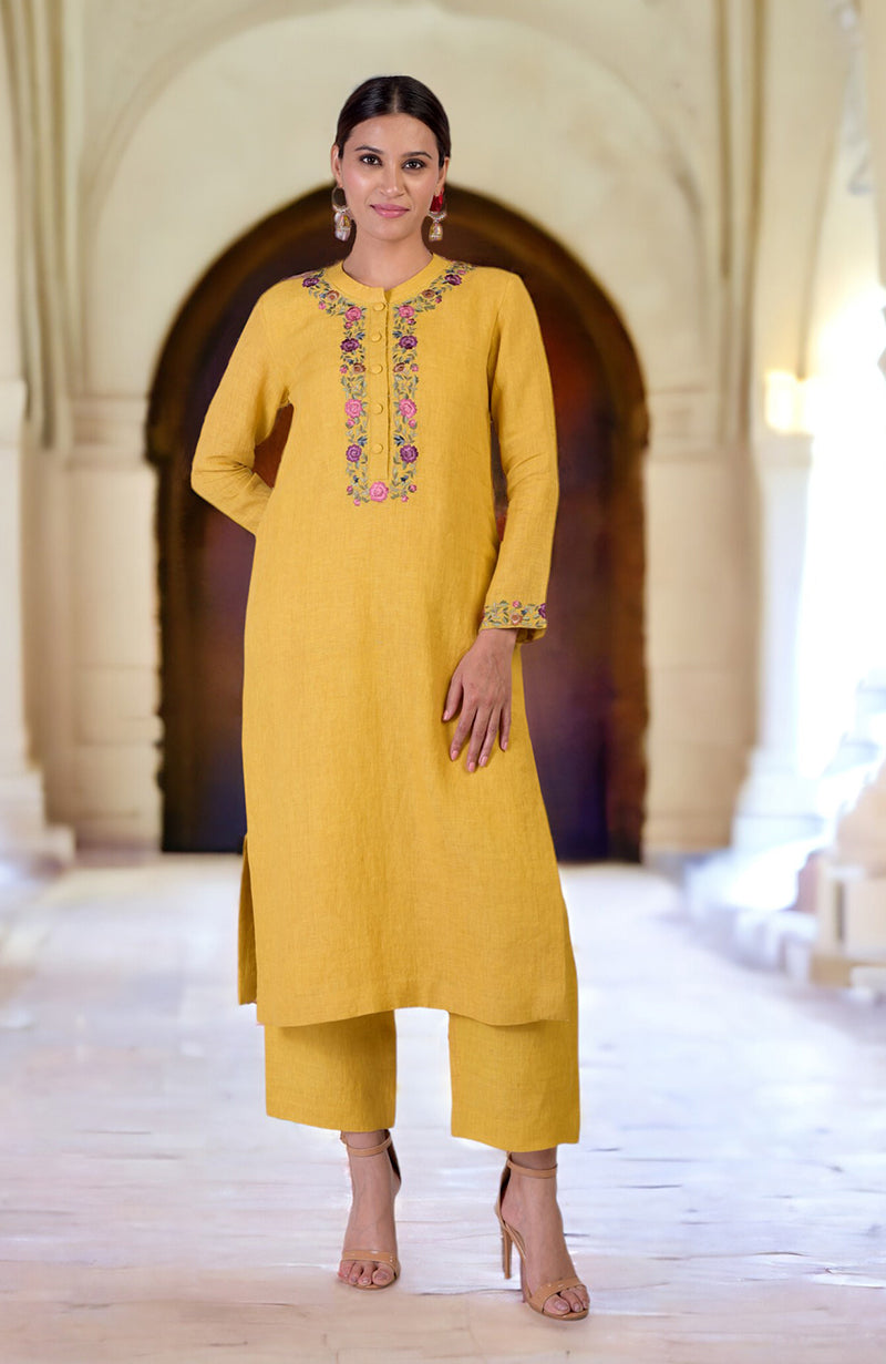 Antigua Sand Parsi Gara Embroidered Linen Kurta Set