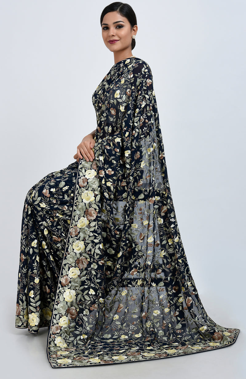 Masterpiece Midnight Blue Parsi Gara Hand Embroidered Saree