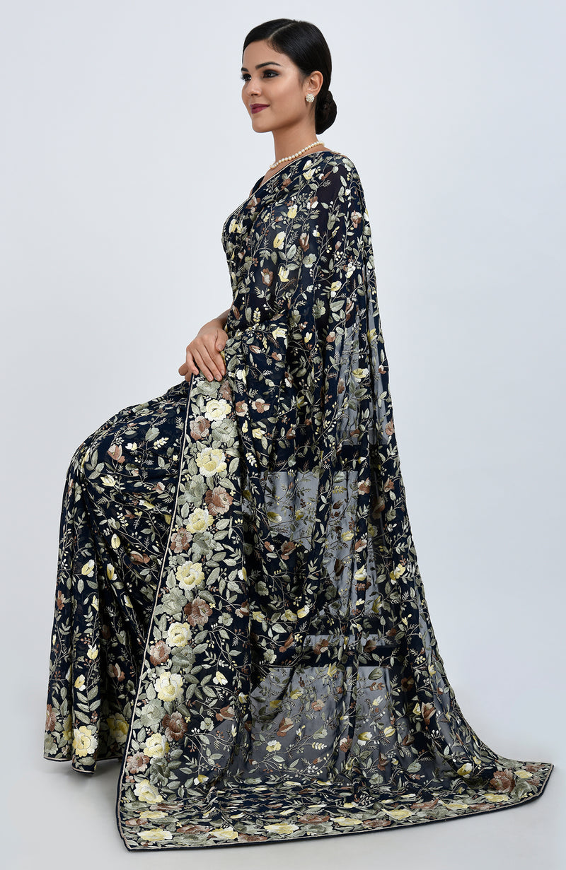 Masterpiece Midnight Blue Parsi Gara Hand Embroidered Saree