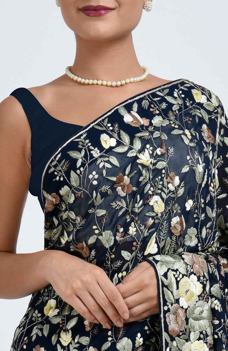 Masterpiece Midnight Blue Parsi Gara Hand Embroidered Saree