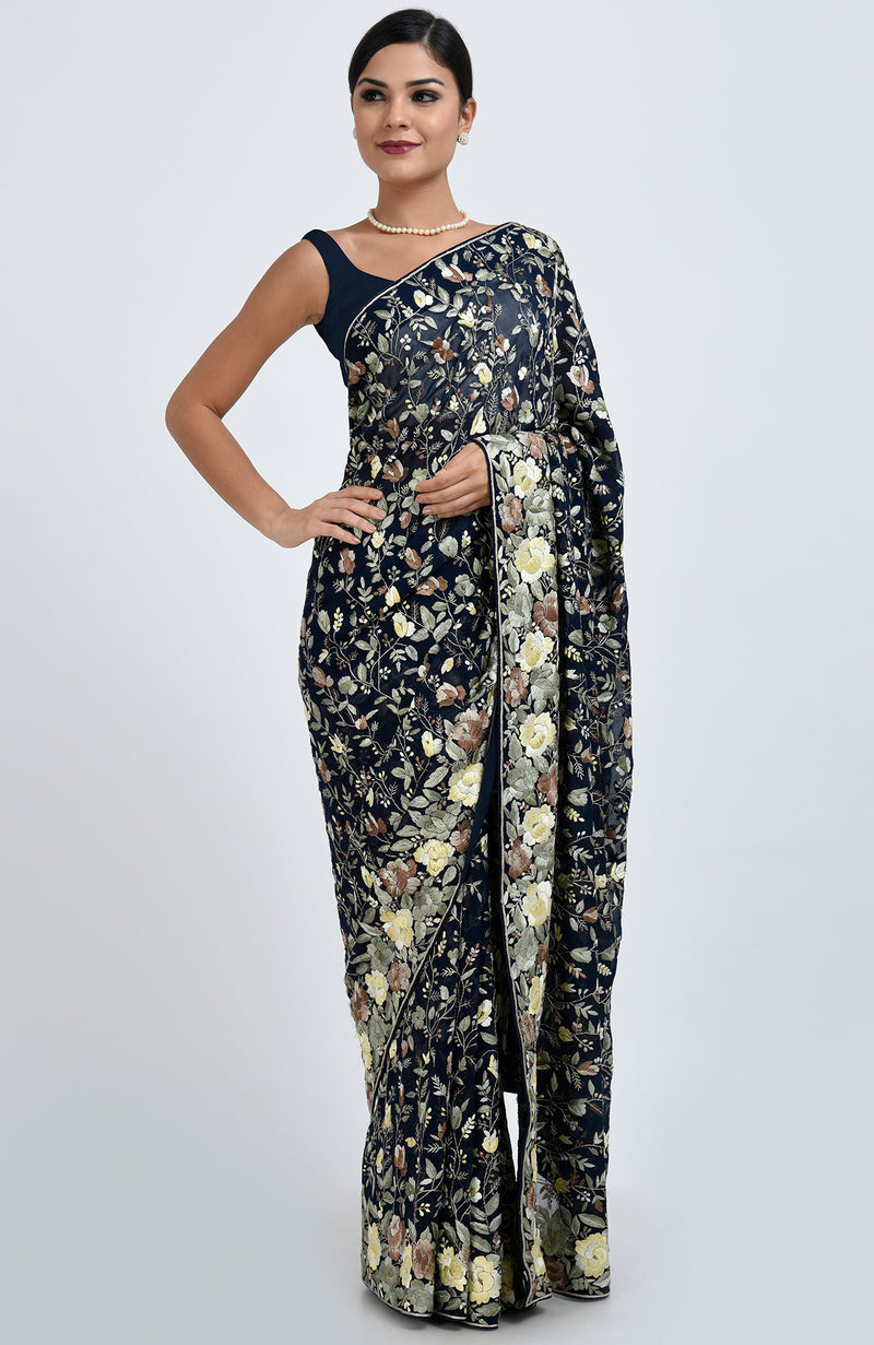 Masterpiece Midnight Blue Parsi Gara Hand Embroidered Saree