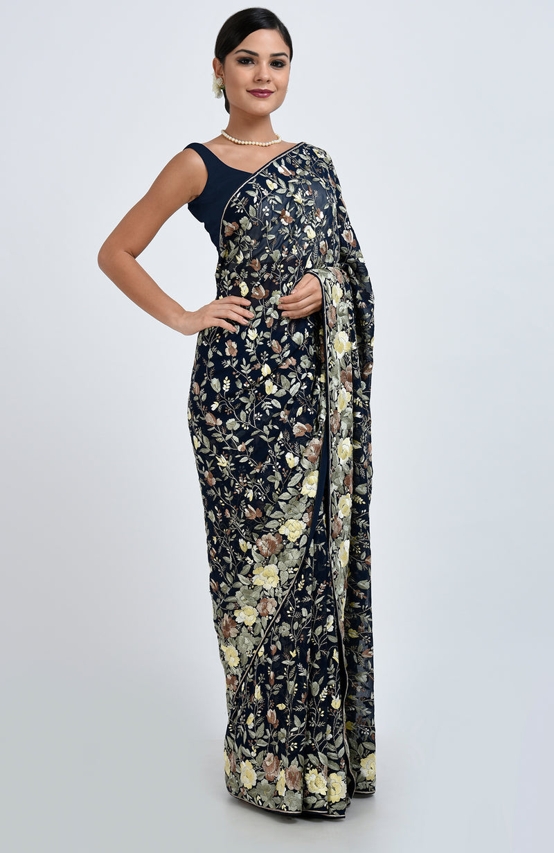 Masterpiece Midnight Blue Parsi Gara Hand Embroidered Saree
