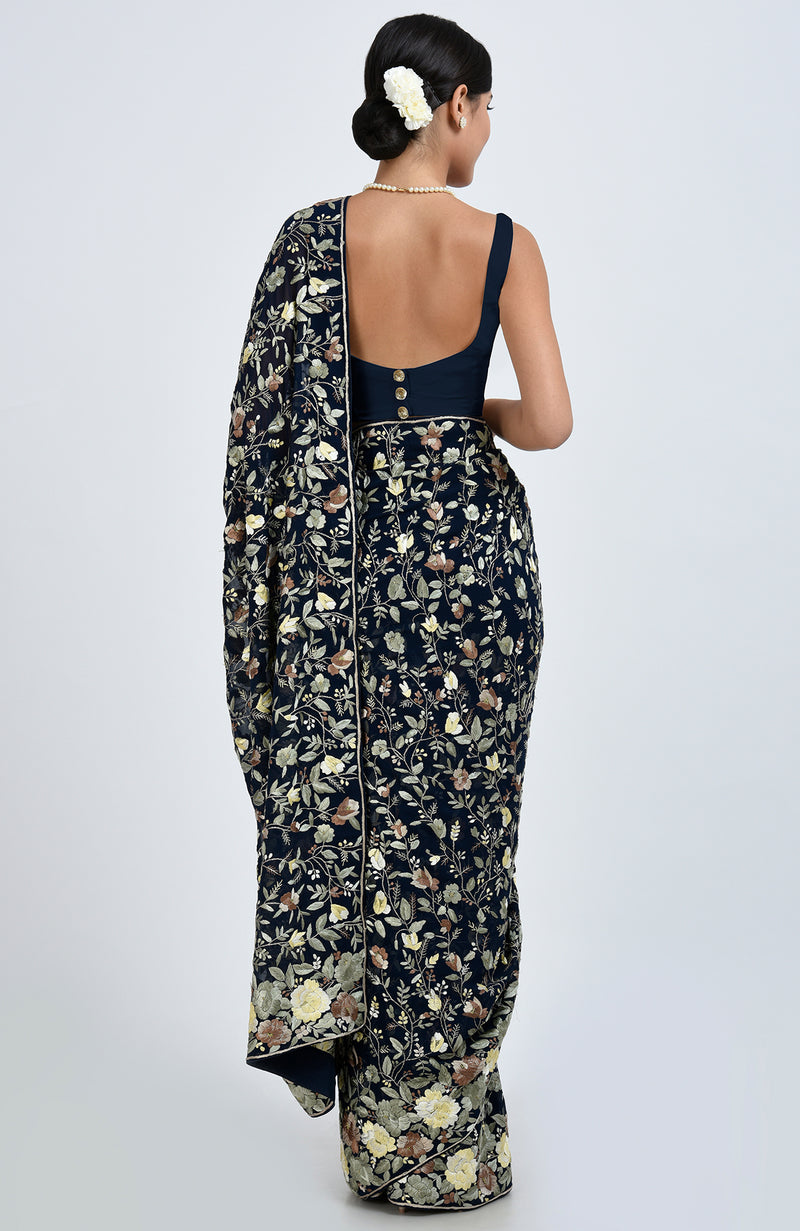 Masterpiece Midnight Blue Parsi Gara Hand Embroidered Saree
