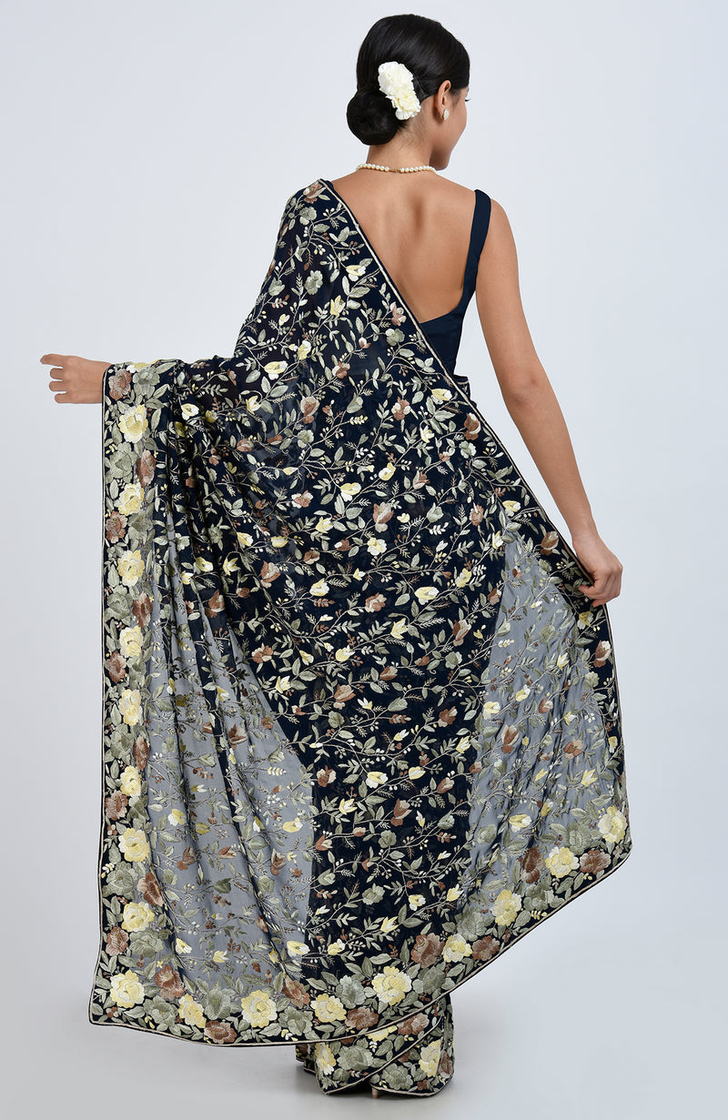 Masterpiece Midnight Blue Parsi Gara Hand Embroidered Saree